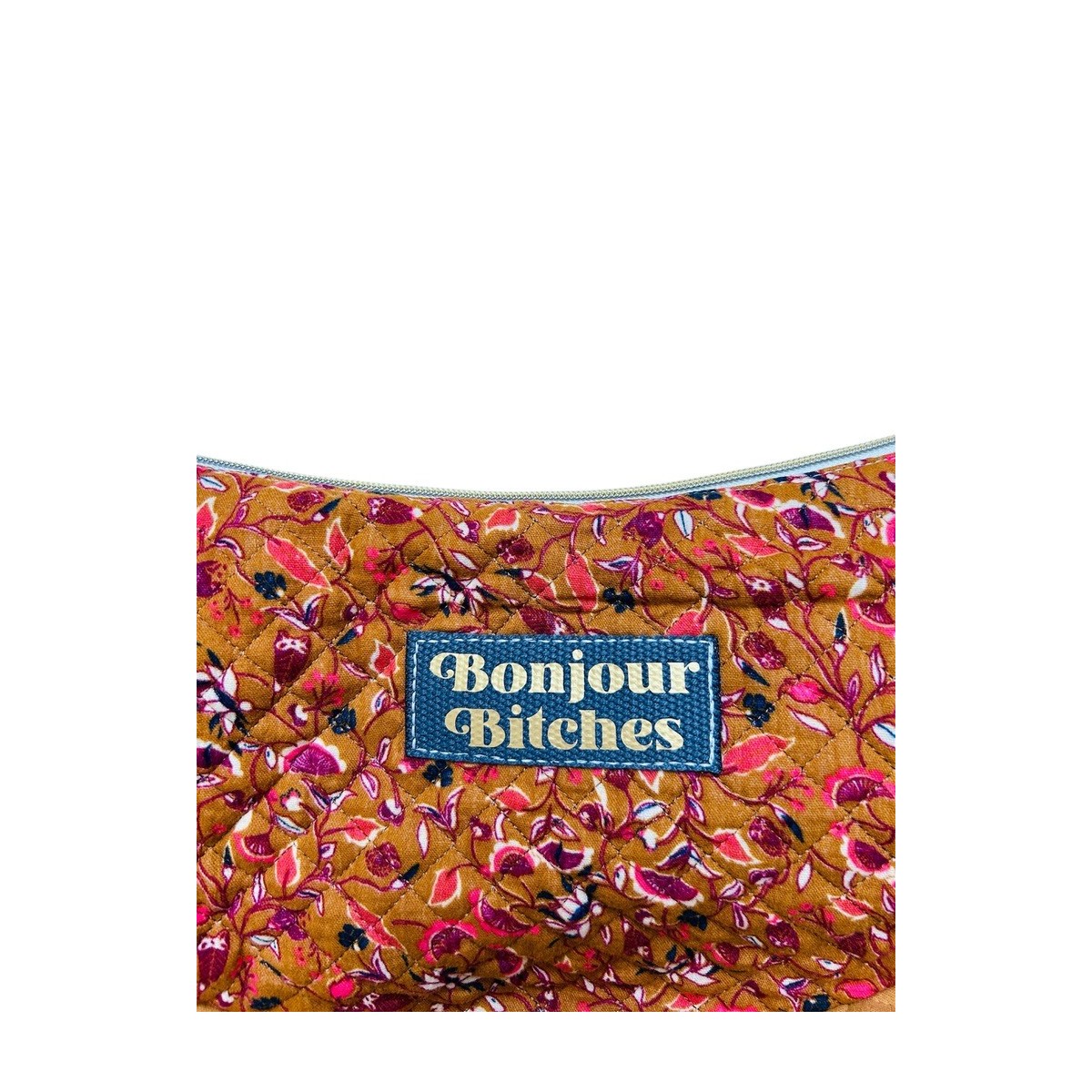 Sac demi-lune en coton matelassé indien moutarde "Bonjour Bitches"