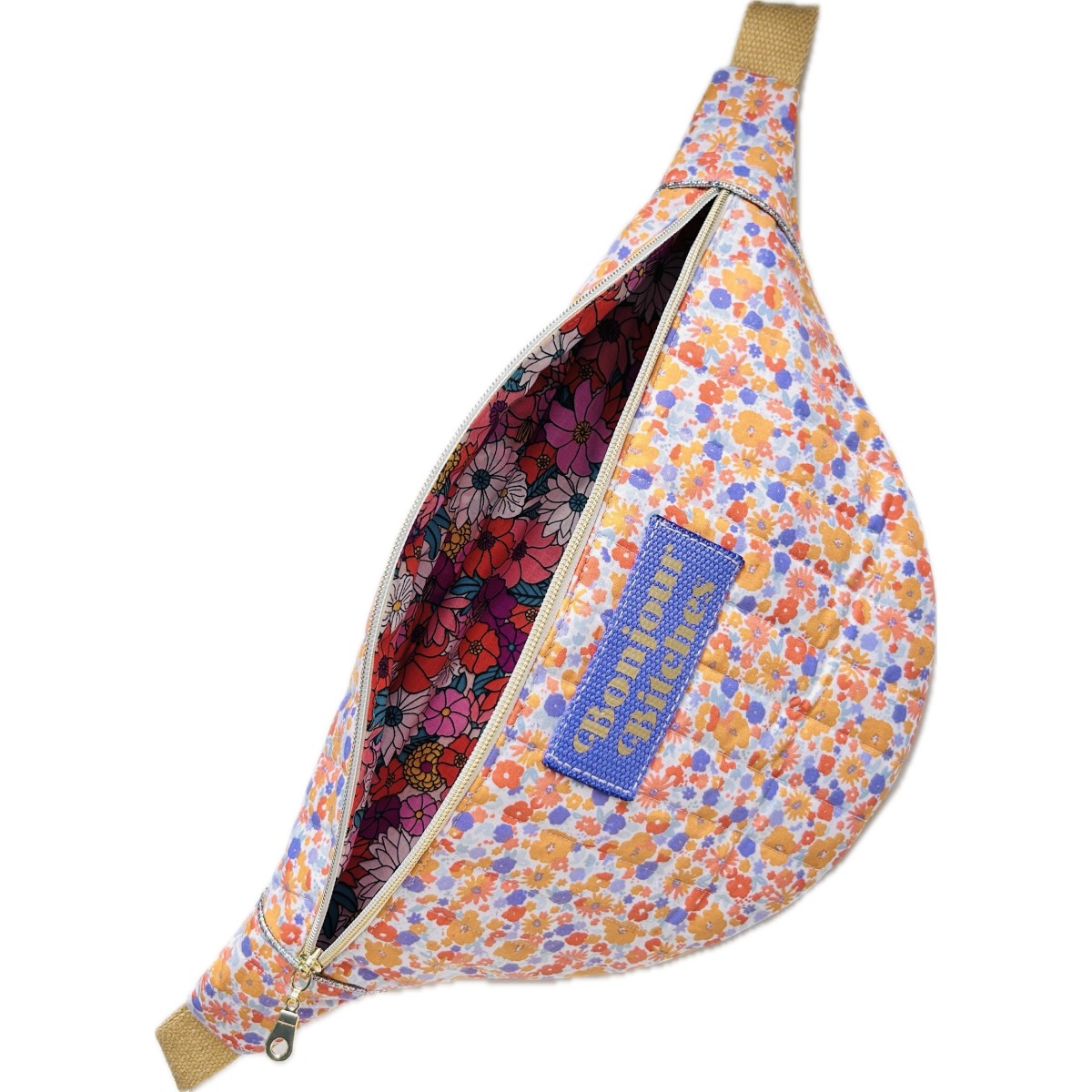 Sac banane XL en coton matelassé fleuri  "Bonjour Bitches"