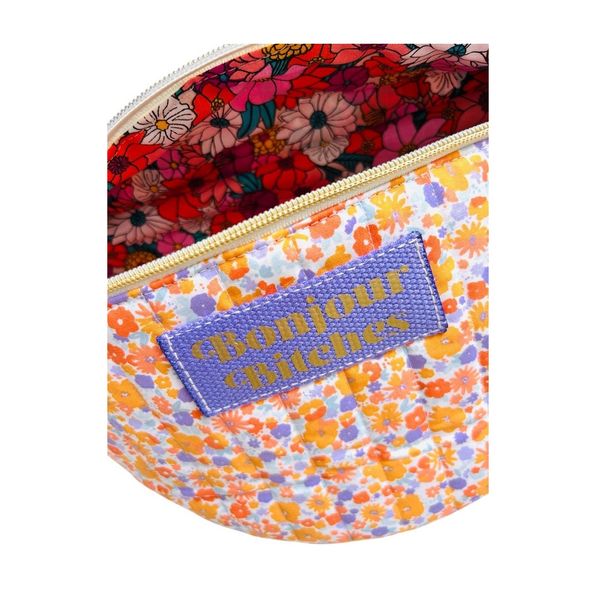 Sac banane XL en coton matelassé fleuri  "Bonjour Bitches"