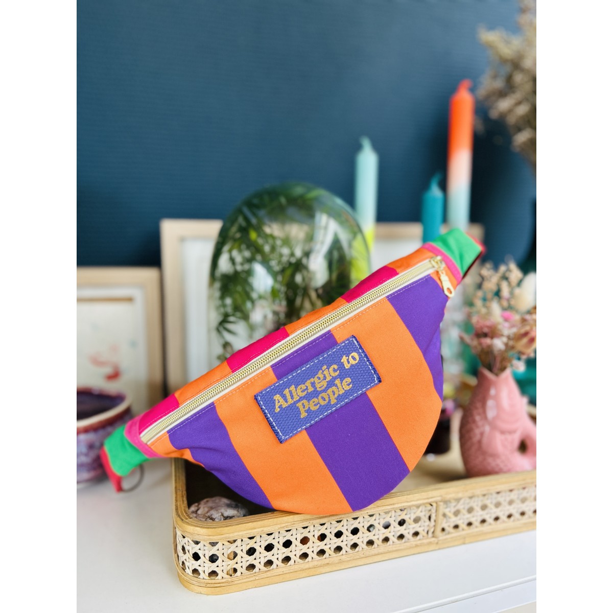 Sac banane en coton canevas ligné orange et mauve "Allergic to People"