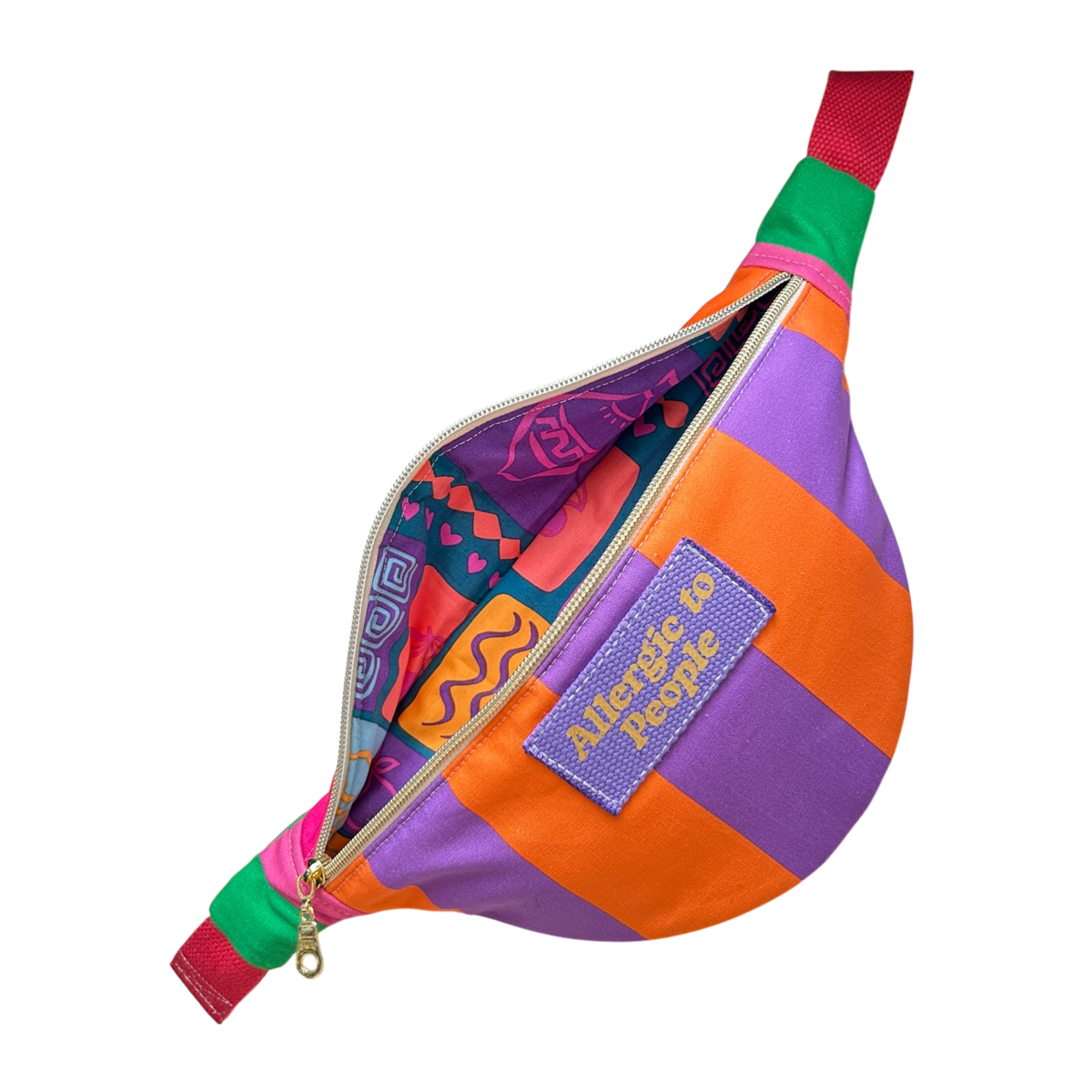 Sac banane en coton canevas ligné orange et mauve "Allergic to People"