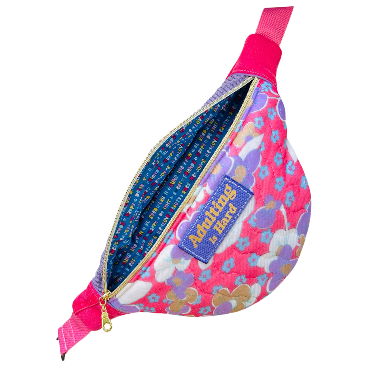 Sac banane en tissu upcyclé seventies rose  "Adulting Is Hard"