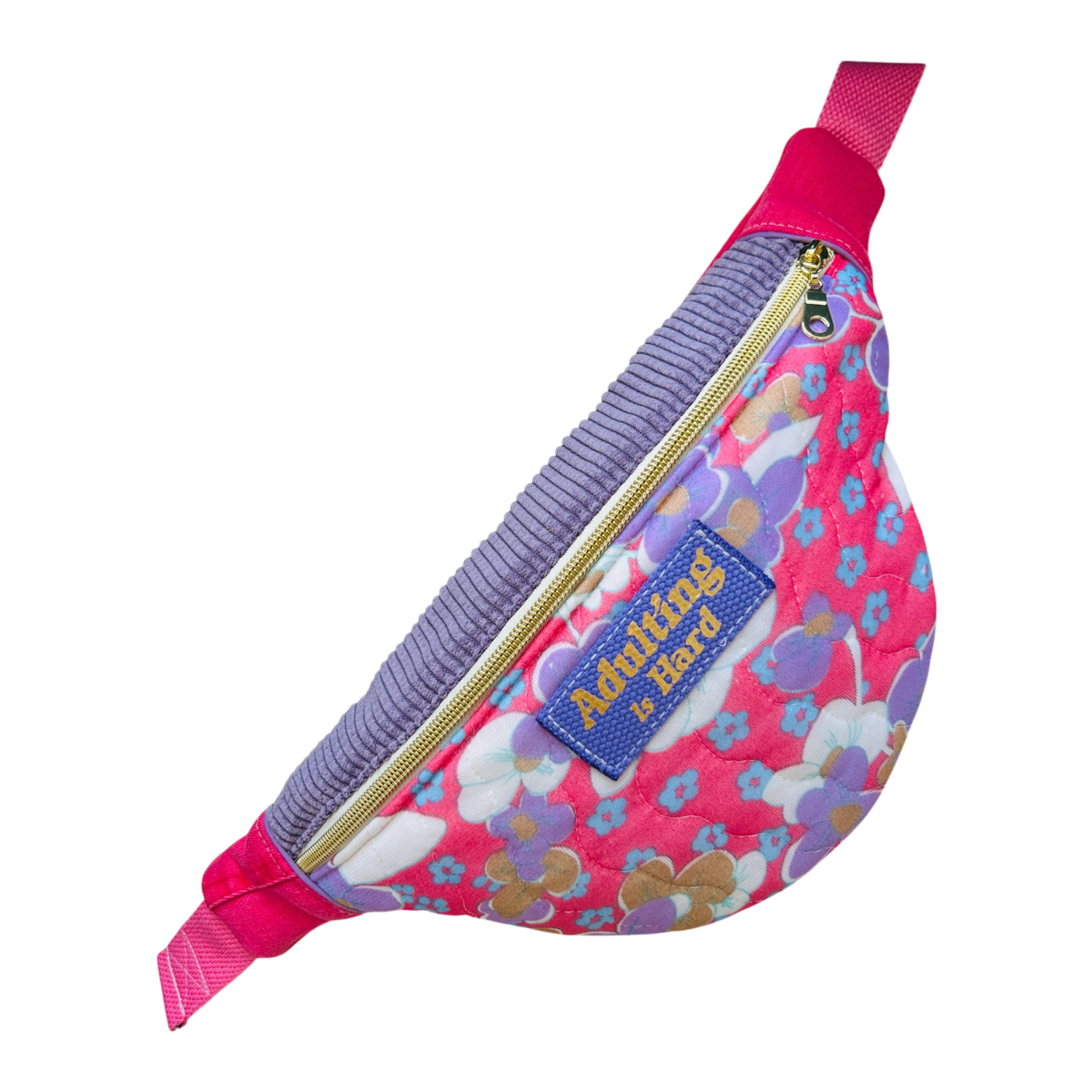 Sac banane en tissu upcyclé seventies rose  "Adulting Is Hard"