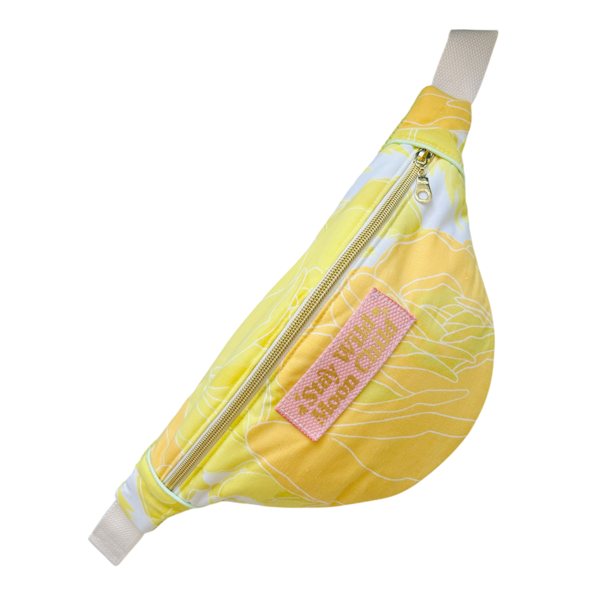 Sac banane en tissu upcyclé seventies jaune  "Stay Wild Moon Child"