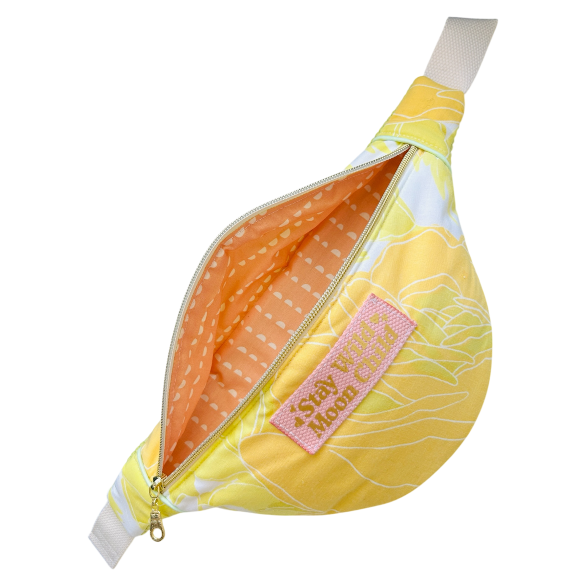 Sac banane en tissu upcyclé seventies jaune  "Stay Wild Moon Child"