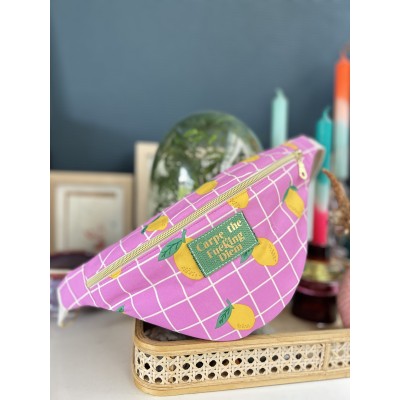 Sac banane en coton déperlant rose et citron jaune  "Carpe The Fucking Diem"