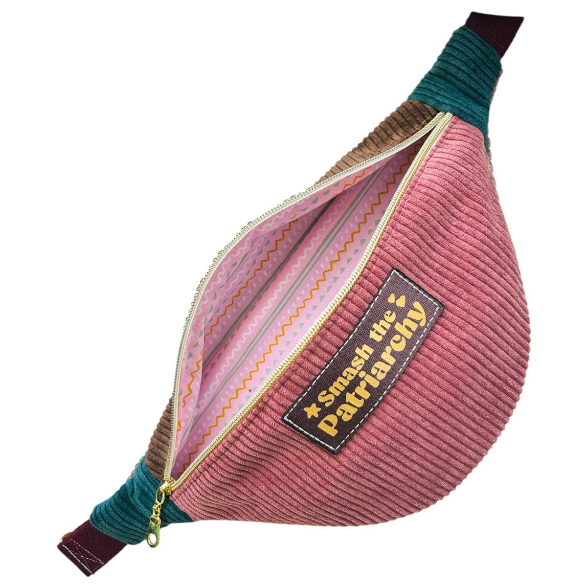 Sac banane en velours côtelé rose poudré "Smatch The Patriarchy"