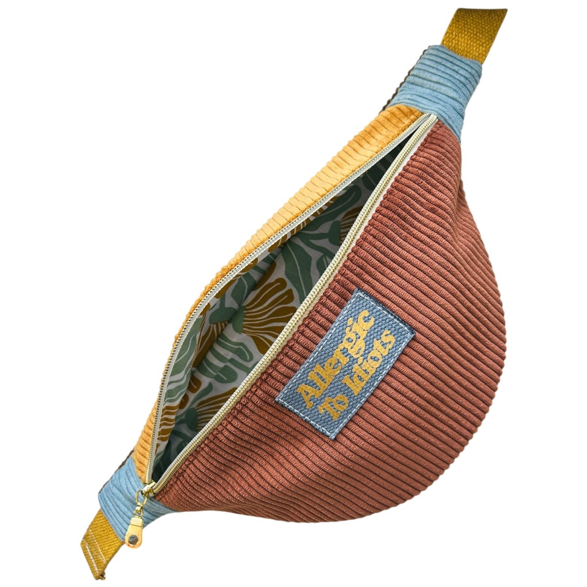 Sac banane en velours côtelé caramel "Allergic To Idiots"